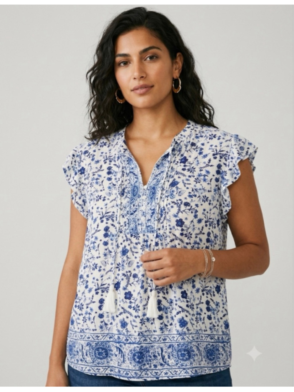 Dalia White Blue Floral Blouse with Ruffle Sleeves Size L